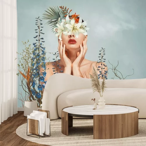 Fotobehang Portret van een vrouw met kleurrijke bloemen