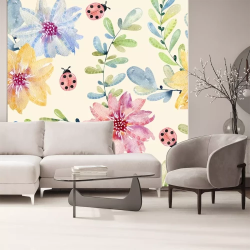 Sticker Lieveheersbeestjes tussen kleurrijke aquarel bloemen