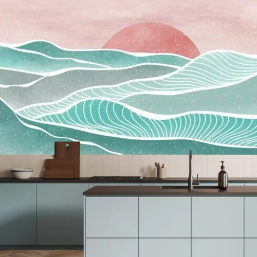 Fotobehang Abstract landschap met een roze zonsondergang