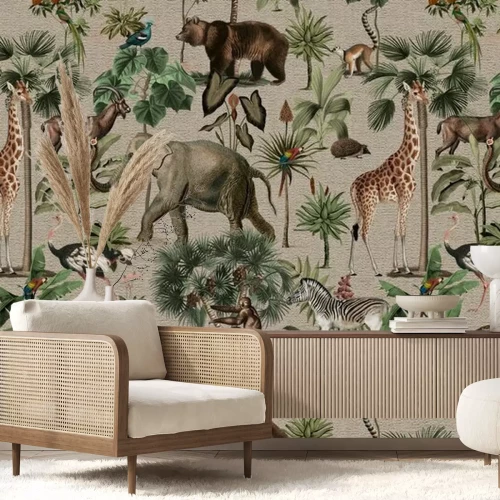 Fotobehang Jungle pattern background wild animals illustration