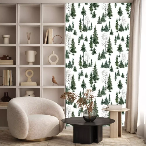 Behang Watercolor seamless pattern with winter trees. Spruce, birch, pine, Christmas tree. Nature background. Forest landscape.