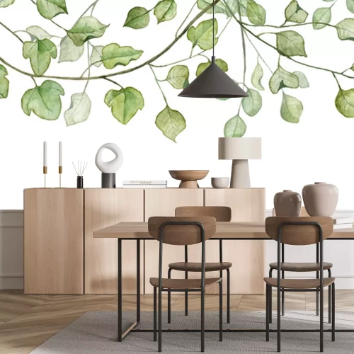 Fotobehang Groene bladeren op boomtakken in aquarelstijl