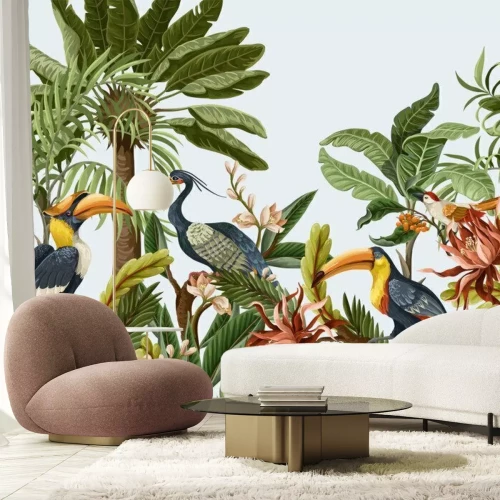 Fotobehang Paradijsvogels op kleurrijke bomen