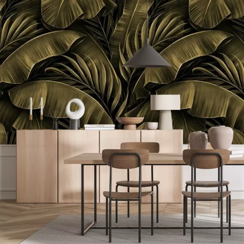 Fotobehang 3D tropische bananen- en palmbladeren