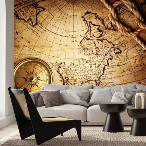 Fotobehang Oude retrokaart met kompas en touw