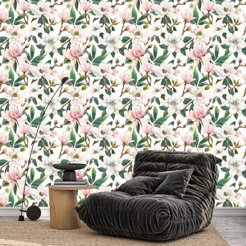 Behang Beautiful seamless pattern with hand drawn watercolor gentle white and pink magnolia flowers. Stock illustration.