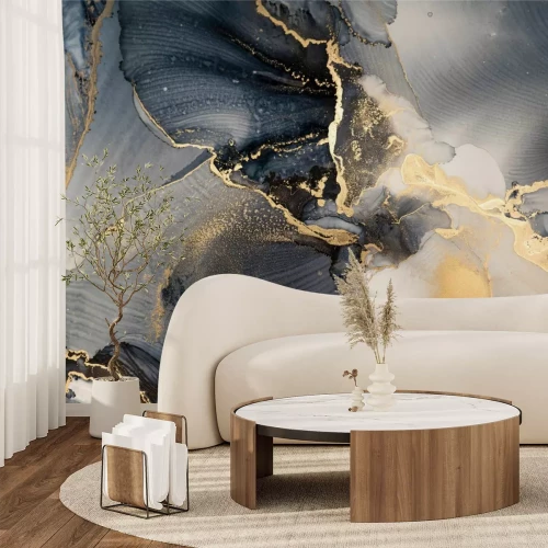 Fotobehang Marineblauw marmer met imitatiegoud