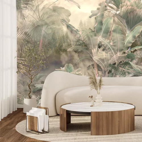 Fotobehang Tropical trees and leaves wallpaper design in foggy forest - 3D illustration