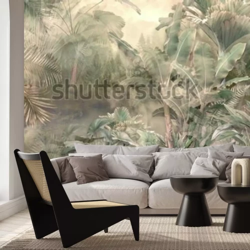 Fotobehang Tropical trees and leaves wallpaper design in foggy forest - 3D illustration