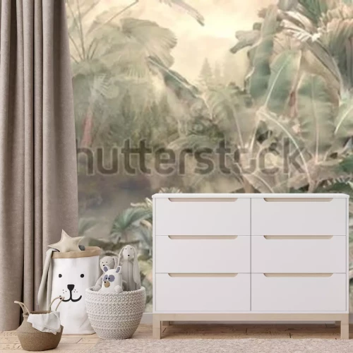 Fotobehang Tropical trees and leaves wallpaper design in foggy forest - 3D illustration