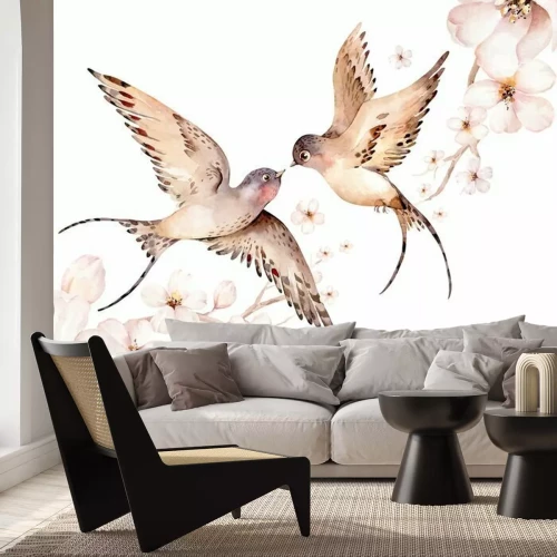 Fotobehang Watercolor spring flying swallows isolated and blossom flowers on white background