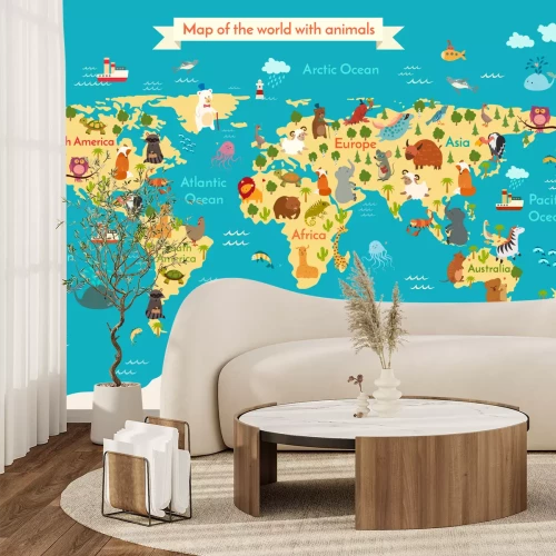Fotobehang Animals world map. Preschool illustration, baby, continents, oceans, drawn, Earth.