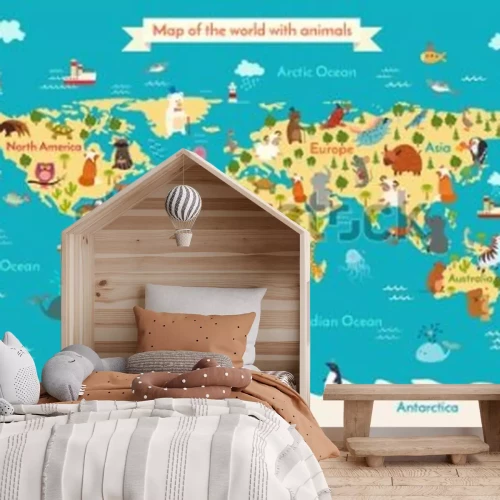 Fotobehang Animals world map. Preschool illustration, baby, continents, oceans, drawn, Earth.