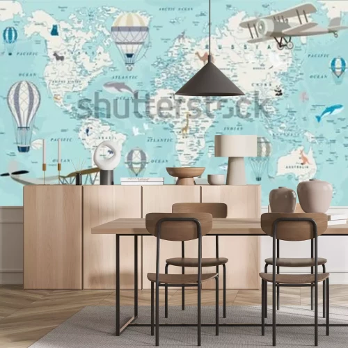 Fotobehang Old geography travel map with regional animals and aircrafts. Vector.