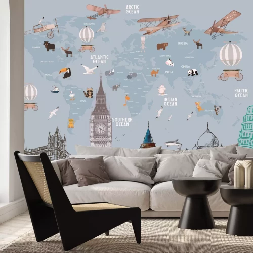 Fotobehang Animals world map and famous landmarks of the world for kids wallpaper design
