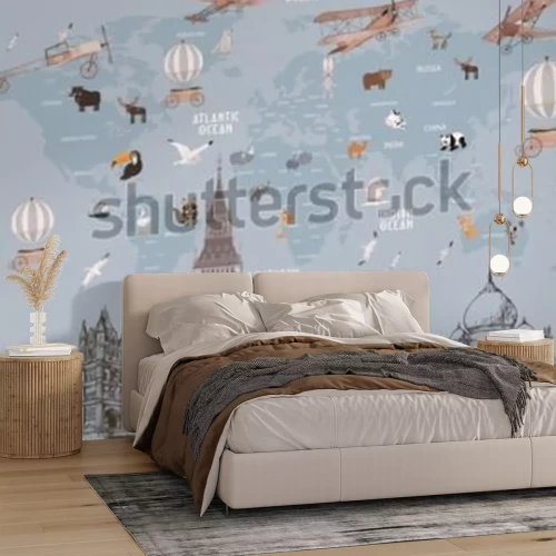Fotobehang Animals world map and famous landmarks of the world for kids wallpaper design