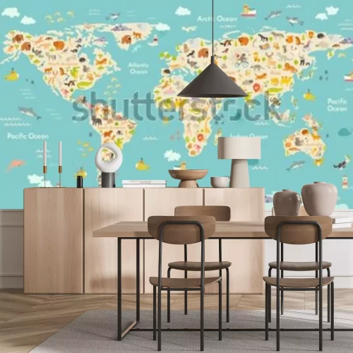 Fotobehang Map animal for kid. Continent of world, animated child's map. Vector illustration animals poster, drawn Earth. Continents and sea life. South America, Eurasia, North America, Africa and Australia
