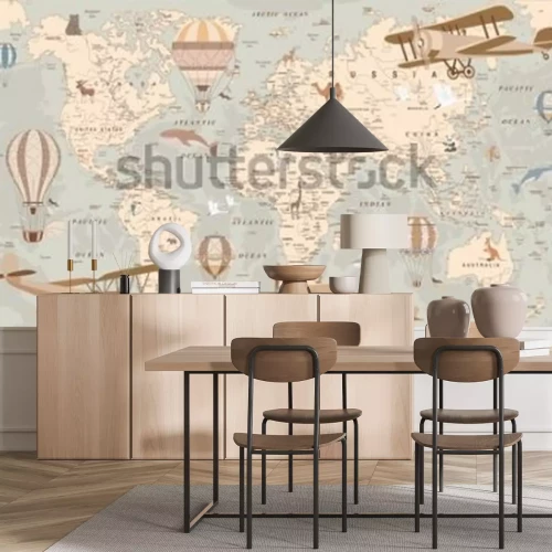 Fotobehang Wereldkaart voor kinderen met ballonnen en vliegtuigen