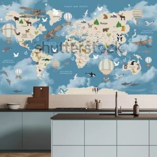 Fotobehang Animals world map for kids wallpaper design Turkish articles