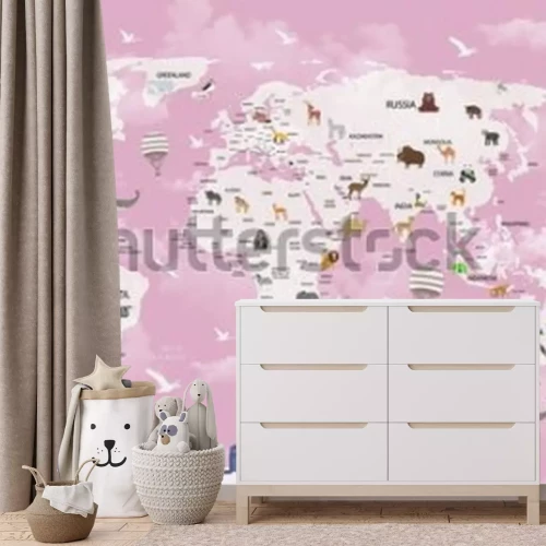 Fotobehang Wereldkaart met dieren voor een kinderkamer