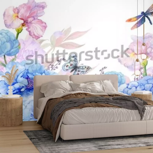 Fotobehang Floral background .illustration of watercolor. flowers peonies, irises, hydrangeas,butterflies and dragonflies . postcard floral pattern