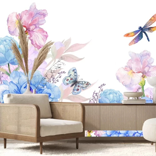 Fotobehang Floral background .illustration of watercolor. flowers peonies, irises, hydrangeas,butterflies and dragonflies . postcard floral pattern