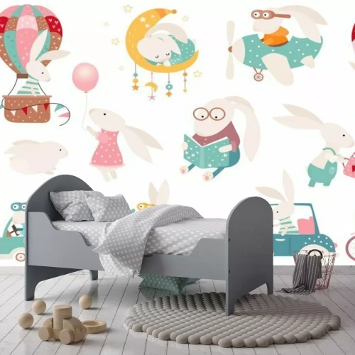 Sticker Easter bunny clipart set, Easter rabbit collection, isolated elements on white. Vector illustration.