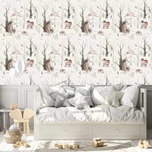 Behang Watercolor Woodland animal Scandinavian seamless pattern. Fabric wallpaper background with Owl, hedgehog, fox and butterfly, rabbit forest squirrel and chipmunk, bear and bird baby animal,