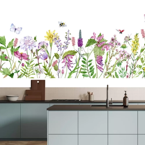 Fotobehang Kleurrijke weidebloemen en insecten in aquarelstijl