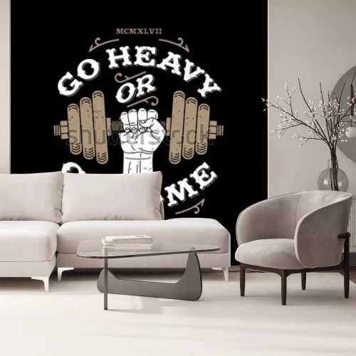 Fotobehang monochrome fitness bodybuilding hipster vintage label , badge " go heavy or go home " for flayer poster logo or t-shirt print with arm hand and dumbbell