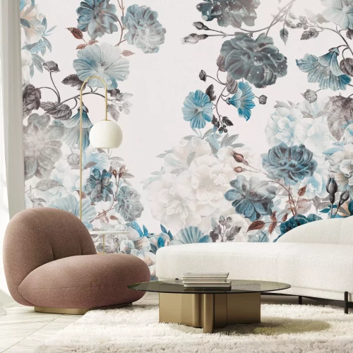 Fotobehang Uitbundige bloemen in blauwtinten