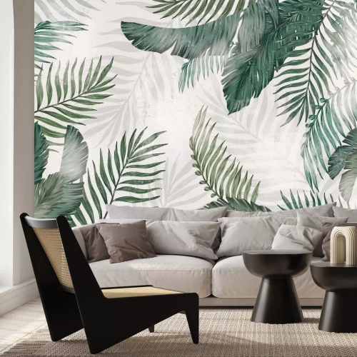 Fotobehang Exotische bladeren op beton textuur