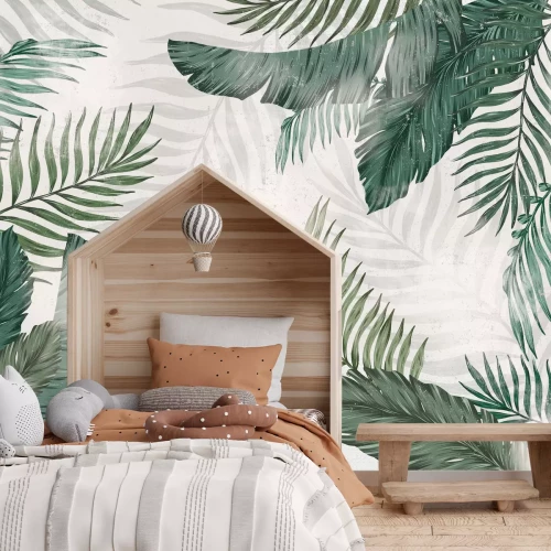 Fotobehang Exotische bladeren op beton textuur