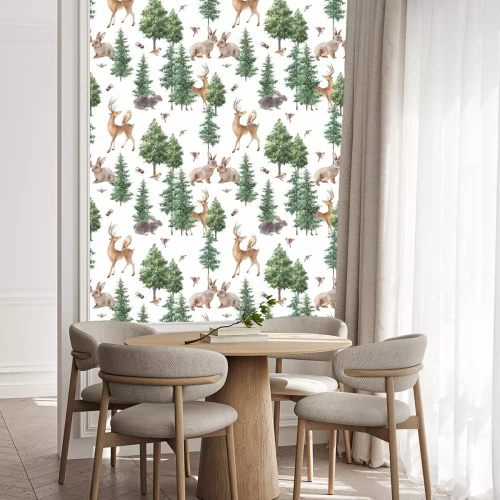 Behang Woodland seamless pattern. Watercolor forest repeating texture with wild animals and trees.