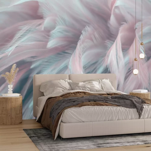 Fotobehang Image nature art of wings bird,Soft pastel detail of design,chicken feather texture,white fluffy twirled on transparent background wallpaper Abstract. Coral Pink color trends and  vintage.