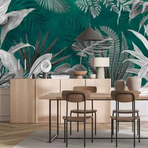 Fotobehang Witte tropische bladeren op een groene achtergrond