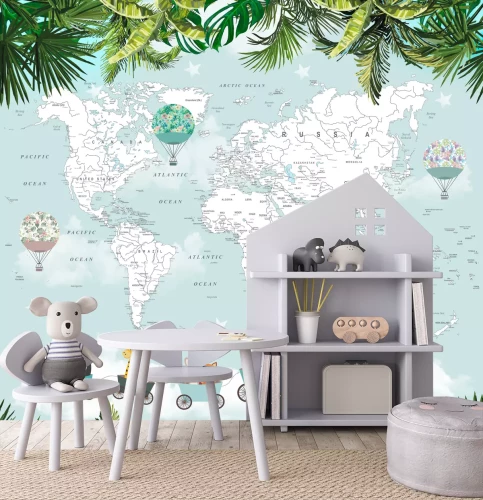 Fotobehang Wereldkaart voor kinderen met dierenreizigers