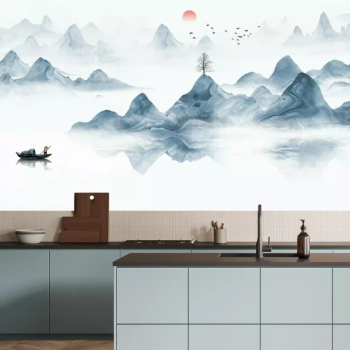 Fotobehang Hand painted Chinese style blue elegant landscape painting