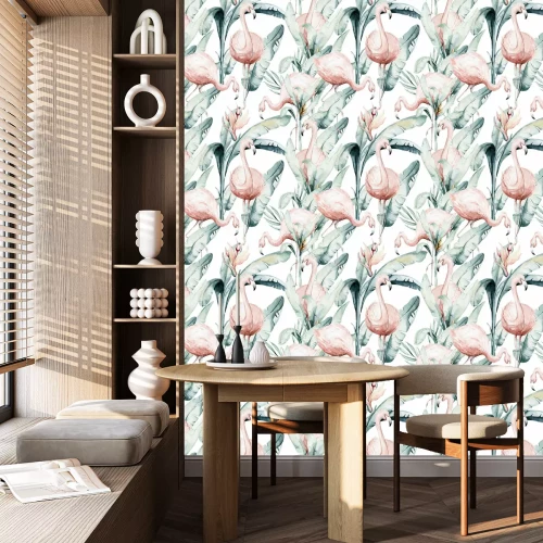 Behang Tropical seamless pattern with flamingo. Watercolor tropic drawing, rose bird and greenery palm tree, tropic green texture, exotic flower