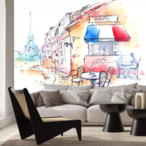 Fotobehang Een kleurrijke Parijse straat beschilderd met waterverf