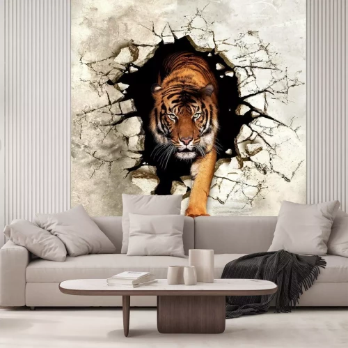 Fotobehang Een tijger die uit een gebroken spiegel in een 3D-kamer tevoorschijn komt