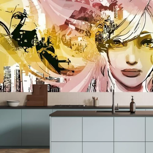 Fotobehang Fashionable, abstract, simple, grunge, geometric, street background, color gradient. Vector illustration for Wallpaper, banner, background, postcard, painting, girl, pink, yellow