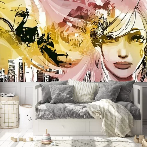 Fotobehang Fashionable, abstract, simple, grunge, geometric, street background, color gradient. Vector illustration for Wallpaper, banner, background, postcard, painting, girl, pink, yellow