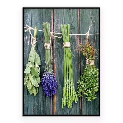 Poster Gedroogde kruidentakjes hangen aan een touwtje.