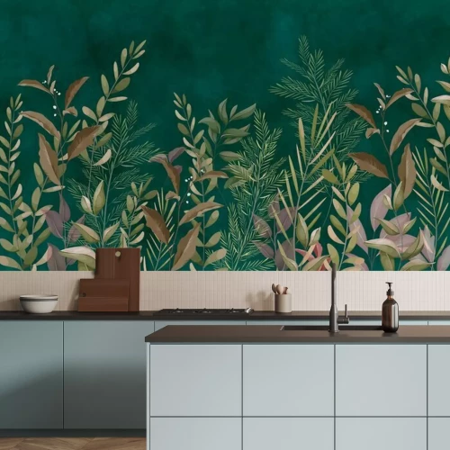 Fotobehang Exotische vegetatie op een groene achtergrond