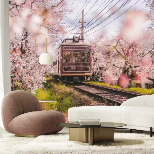 Fotobehang Retro trein en kersenbloesembomen