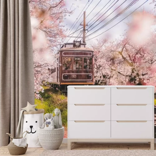 Fotobehang Retro trein en kersenbloesembomen