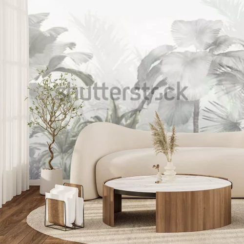 Fotobehang Tropical trees and leaves wallpaper design in foggy forest - 3D illustration