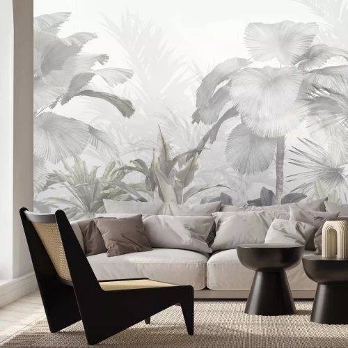 Fotobehang Tropical trees and leaves wallpaper design in foggy forest - 3D illustration