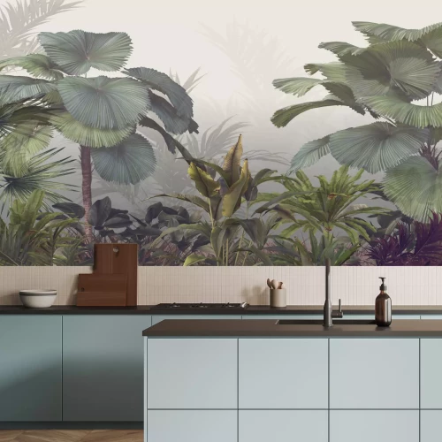 Fotobehang Tropische bomen en bladeren in een mistig bos